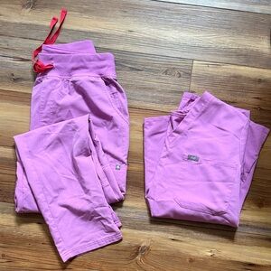 Figs Women's Scrub Set in Pink with Red Drawstring